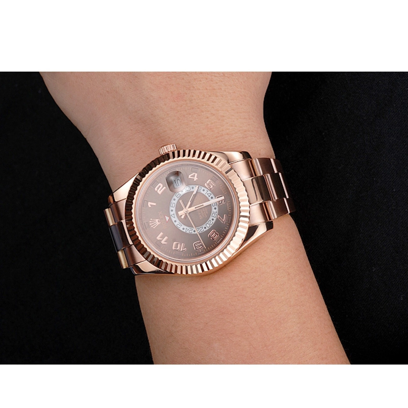 Aaa replica watch Sky Brown Case Bracelet Dweller Dial Gold Ad Rose Rolex 0629